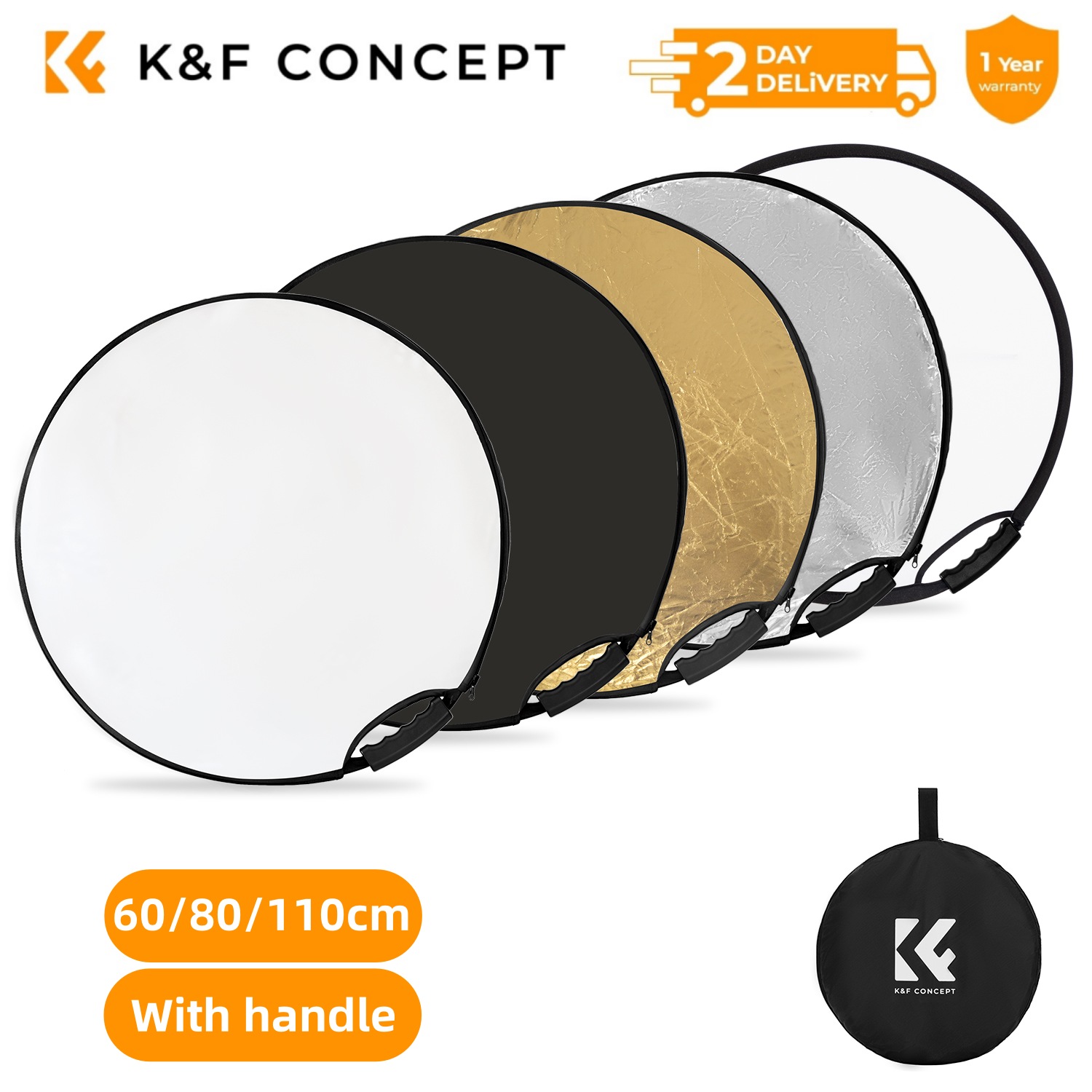 Reflector 5 In 1 110Cm - แผ่นสะท้อนแสง K&F CONCEPT 5-in-1 พร้อมด้ามจับ สำหรับถ่ายภาพ